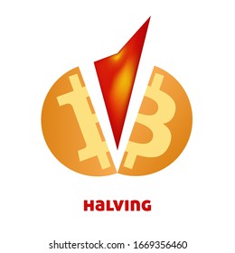 BTC Halving symbol. Bitcoin protocol cuts block reward in half. Vector graphics