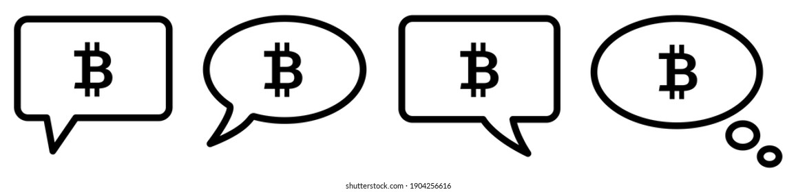BTC icon in speech bubble, different version. Ask, talk or think about bitcoin concept