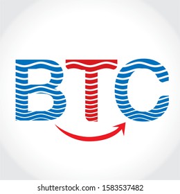 BTC INITIAL LETTER LOGO WITH ARROW ELEMENT (symbol of forward moving business)  AND WAVES IN LETTERS BLUE AND RED COLOR