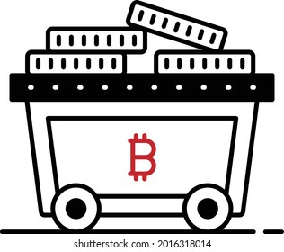 Btc con el diseño de iconos de vectores minecart, símbolo de negocios y gestión, símbolo de banca y finanzas, ilustración de ECommerce y blockchain Stock, concepto de minería de moneda cripto,