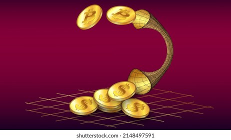 BTC and USD coins transferred through the pipe on red background. Concept of converting Bitcoin to Dollars. Vector illustration.