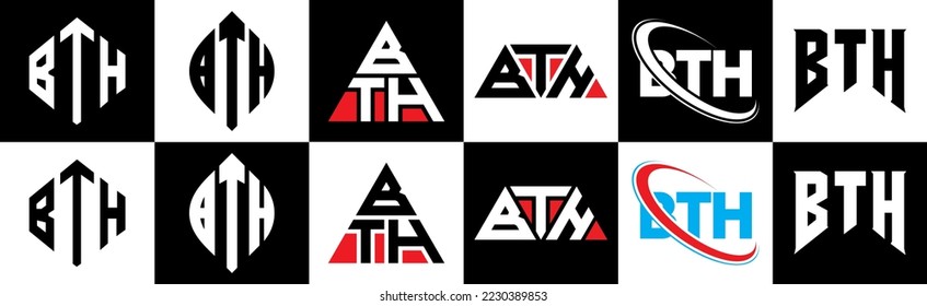 BTH letter logo design in six style. BTH polygon, circle, triangle, hexagon, flat and simple style with black and white color variation letter logo set in one artboard. BTH minimalist and classic logo