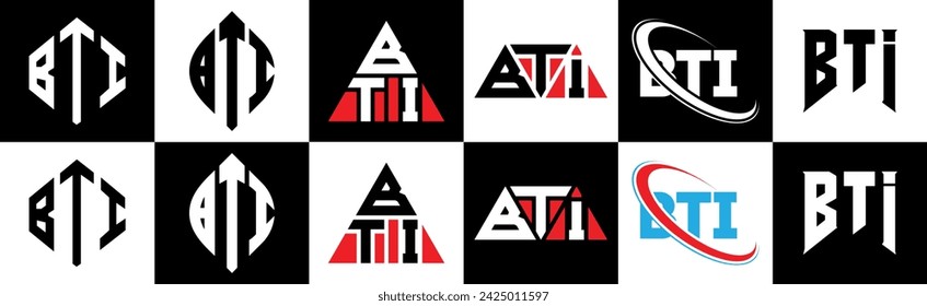 BTI letter logo design in six style. BTI polygon, circle, triangle, hexagon, flat and simple style with black and white color variation letter logo set in one artboard. BTI minimalist and classic logo