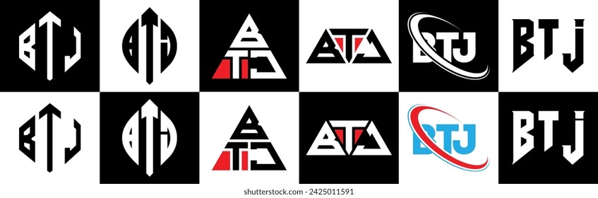 BTJ letter logo design in six style. BTJ polygon, circle, triangle, hexagon, flat and simple style with black and white color variation letter logo set in one artboard. BTJ minimalist and classic logo