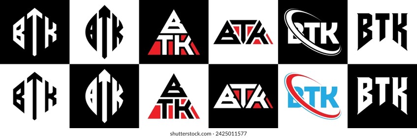 BTK letter logo design in six style. BTK polygon, circle, triangle, hexagon, flat and simple style with black and white color variation letter logo set in one artboard. BTK minimalist and classic logo