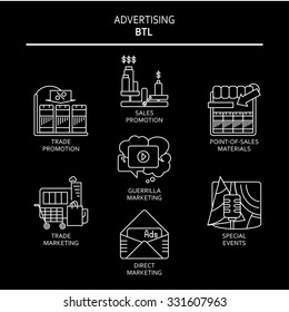 BTL communications symbols collection to present services of ads studios white on black