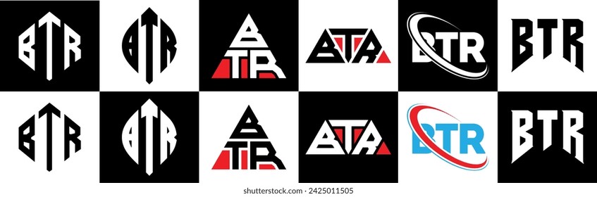 Diseño del logotipo de la letra BTR en seis estilos. Polígono BTR, círculo, triángulo, hexágono, estilo plano y simple con el logotipo de la letra de la variación del color blanco y negro establecido en una mesa de trabajo. Logo minimalista y clásico de BTR
