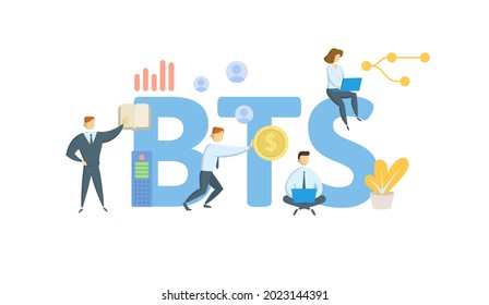 BTS, Estación de Transceptor Base. Concepto con palabras clave, personas e iconos. Ilustración vectorial plana. Aislado en blanco.
