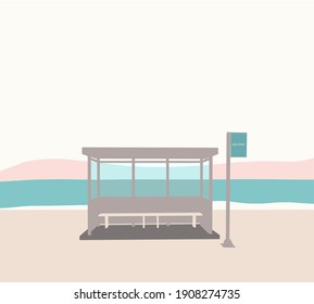 BTS Bus Stop on Jumunjin beach in Korea. Beautiful view from the bus stop with the beach promenade in pastel color.