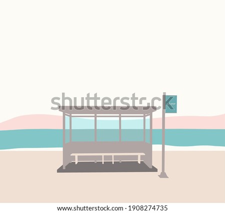 BTS Bus Stop on Jumunjin beach in Korea. Beautiful view from the bus stop with the beach promenade in pastel color.
