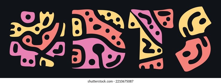 BTS Hashtag. Doodle isolate text. Colored curves decorative doodle letters. Trendy popular Hashtag #BTS for print, booklet, banner, flyer. Stock vector.