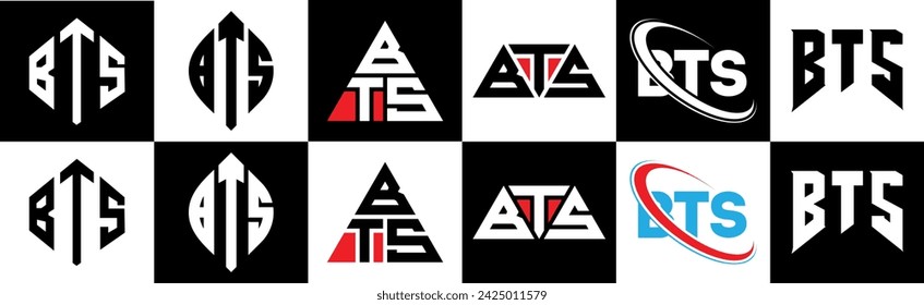 BTS letter logo design in six style. BTS polygon, circle, triangle, hexagon, flat and simple style with black and white color variation letter logo set in one artboard. BTS minimalist and classic logo