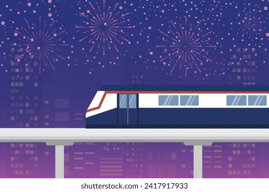 BTS Skytrain en edificios de paisajes urbanos de noche con primer vector Ilustración. Concepto de transporte