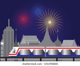 BTS Sky train runing pass temples and pagoda among skyscrapers buildings at night with beautiful fireworks background, Vector Illustration.Idea for new year celebration,season greetings and holidays.