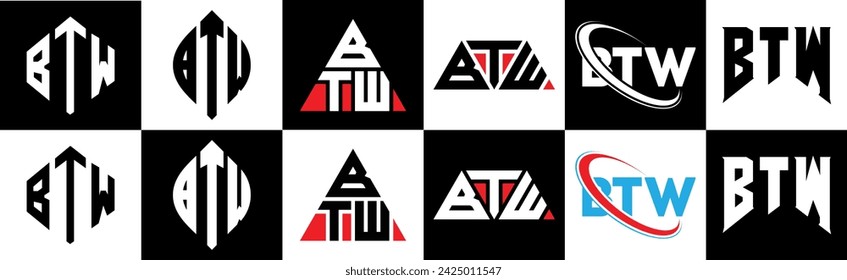 BTW letter logo design in six style. BTW polygon, circle, triangle, hexagon, flat and simple style with black and white color variation letter logo set in one artboard. BTW minimalist and classic logo