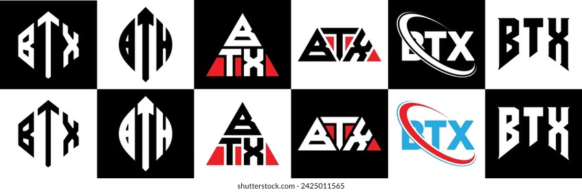 BTX letter logo design in six style. BTX polygon, circle, triangle, hexagon, flat and simple style with black and white color variation letter logo set in one artboard. BTX minimalist and classic logo