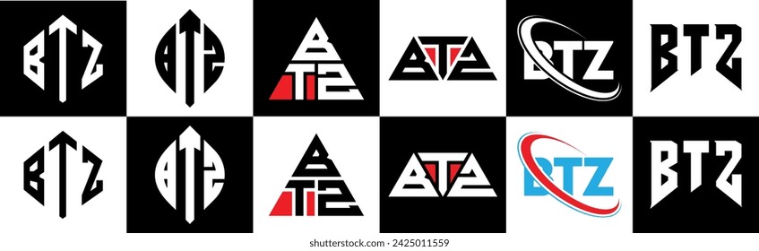 BTZ Letter Logo Design in sechs Stil. BTZ-Polygon, Kreis, Dreieck, Sechseck, flacher und einfacher Stil mit schwarz-weißem Farbvariationsbuchstaben-Logo in einer Zeichenfläche gesetzt. BTZ minimalistisches und klassisches Logo