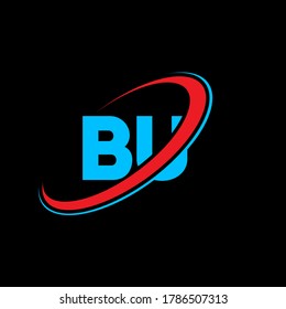 Diseño del logotipo de la letra de BU B U. Letra inicial del logotipo del monograma superior del círculo BU enlazado en mayúsculas rojo y azul. Logo de BU, diseño de B U. bu, b u
