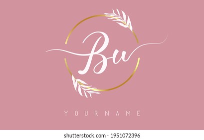 BU b u Letters logo design with golden circle and white leaves on branches around. Vector Illustration with B and u letters for personal branding, business, eco friendly or natural products. 