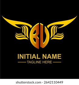 BU Golden Wing Emblem Logo with elegant gold wings, sleek and modern design. Ideal for branding, creative projects, luxury businesses, or artistic ventures.