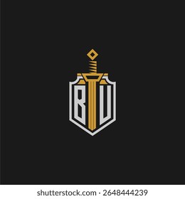 BU monograma inicial para imagem de escudo e espada