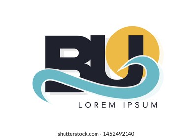BU letter logo with ocean waves and sunset. Beach concept design