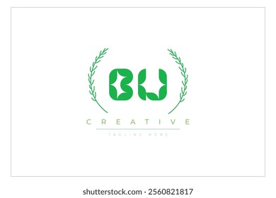 BU letters eco logo with leaf. Fresh nature and healthy leaf logo design.