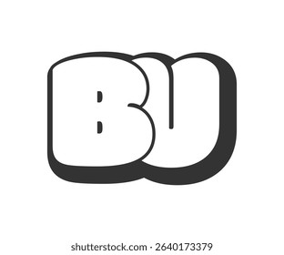 BU logo, bubble comic lettering, rounded in graffiti style black and white silhouette. Trendy preschool B and U letter text for festival party, personal initials, children funky print and web. 