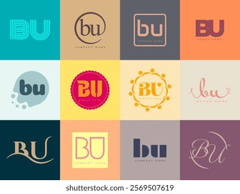 BU logo company template. Letter b and u logotype. Set different classic serif lettering and modern bold text with design elements. Initial font typography. Collection trendy business identity.