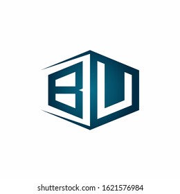 BU monogram logo with hexagon shape and negative space style ribbon design template