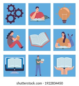 bu8ndle of nine readers and set icons vector illustration design