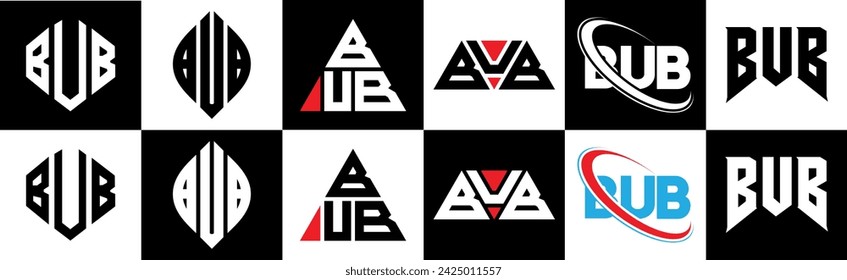 BUB letter logo design in six style. BUB polygon, circle, triangle, hexagon, flat and simple style with black and white color variation letter logo set in one artboard. BUB minimalist and classic logo