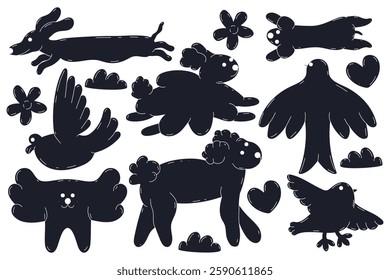 Bubble abstract  animals sticker pack. Minimal black balloon elements in trendy retro style. Cartoon isolated vector illustration