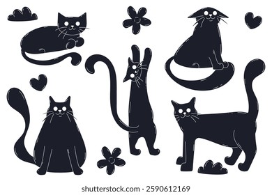 Bubble abstract cat sticker pack. Minimal black balloon elements in trendy retro style. Cartoon isolated vector illustration