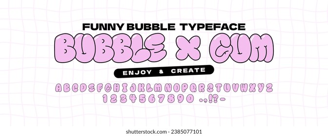 Bubble abstract shapes alphabet font. Funky balloon organic typeface in trendy retro y2k style. Cartoon kids graffiti vector illustration. Letters and numbers. svg