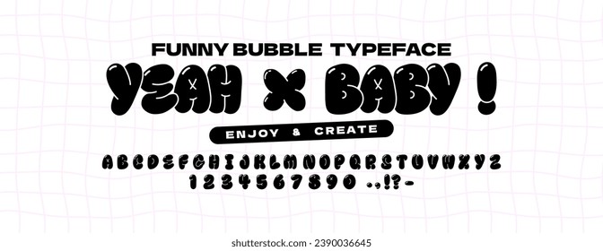 Bubble abstract shapes alphabet font. Funky balloon organic typeface in trendy retro y2k style. Cartoon kids graffiti vector illustration. Letters and numbers. svg