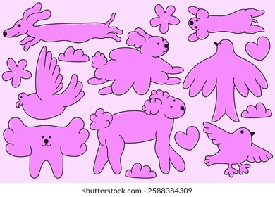 Bubble abstract shapes animals sticker pack. Dog, bird. Funky balloon elements  in trendy retro y2k style. Cartoon isolated vector illustration