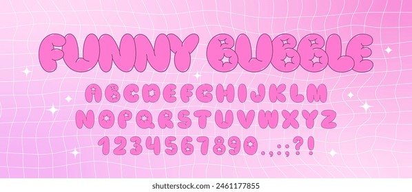 Bubble alphabet, cartoon kids font. Funny balloon typeface in trendy y2k graffiti style. Cute vector illustration. Letters and numbers.