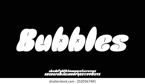 Bubble alphabet, cartoon kids font. Funny balloon typeface in trendy y2k graffiti style. Cute vector illustration. Letters and numbers.