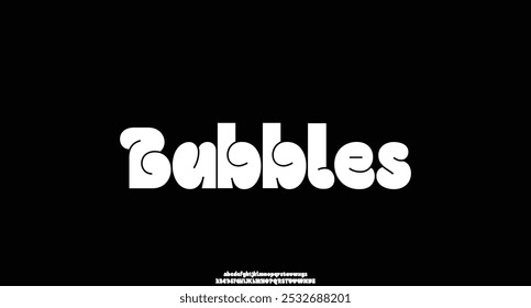 Bubble alphabet, cartoon kids font. Funny balloon typeface in trendy y2k graffiti style. Cute vector illustration. Letters and numbers.
