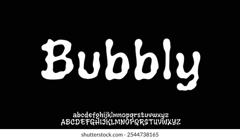 Bubble alphabet, cartoon kids font. Funny balloon typeface in trendy y2k graffiti style. Cute vector illustration. Letters and numbers.
