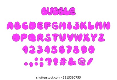 Bubble alphabet graffiti font with outline. Y2K aesthetic. Doodle typeface, numbers and punctuation marks, editable outline. Vector illustration