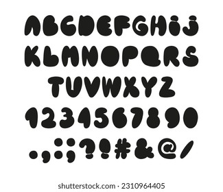 Bubble alphabet graffiti silhouette font. Y2K aesthetic stylized letters. Hand drawn typeface, numbers and punctuation marks. Vector illustration isolated on white background