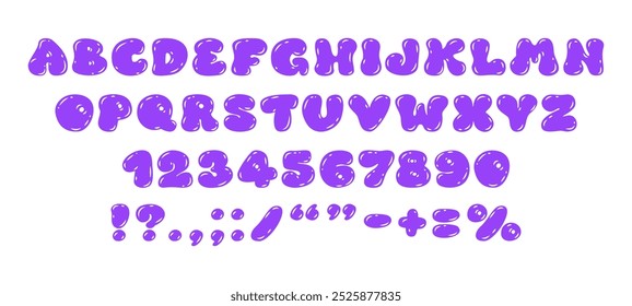 Bubble alphabet, kids font. Cute numbers from 0 to 9. Funny balloon typeface in trendy y2k graffiti style. Playful purple bubble font. Plump digits and letters, punctuation marks