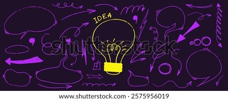 Bubble and arrow sketch with texture crayon chalk. Scribble hand drawn set lightbulb and speech bubble color on black background. Underline element crayon chalk set, Vector illustration