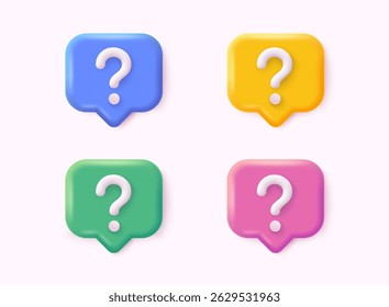 Bubble ask icon faq. Question mark.  Set of vector render signs to help users and find solutions in their doubts. 3D Web Vector Illustrations.
