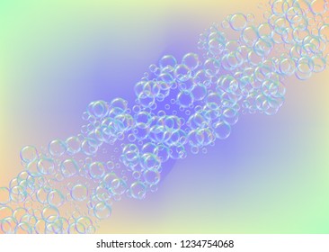 Bubble background with shampoo foam and detergent soap. 3d vector illustration poster. Creative spray and splash. Realistic water frame and border. Rainbow colorful liquid bubble background.