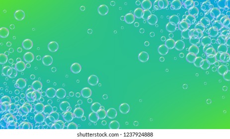 Bubble background with shampoo foam and detergent soap. 3d vector illustration invite. Vibrant spray and splash. Realistic water frame and border. Green colorful liquid bubble background.