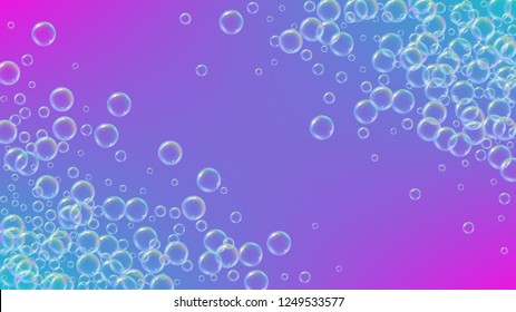 Bubble background with shampoo foam and detergent soap. Creative spray and splash. Realistic water frame and border. 3d vector illustration poster. Purple colorful liquid bubble background.