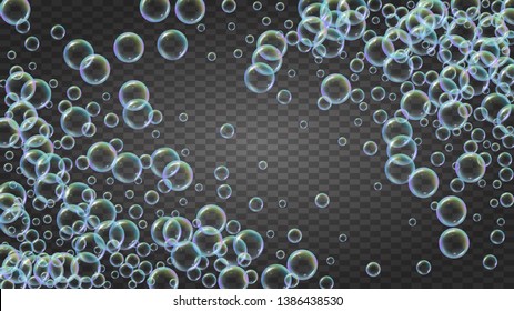Bubble background with shampoo foam and detergent soap. 3d vector illustration invite. Bright spray and splash. Realistic water frame and border. Isolated colorful liquid bubble background.